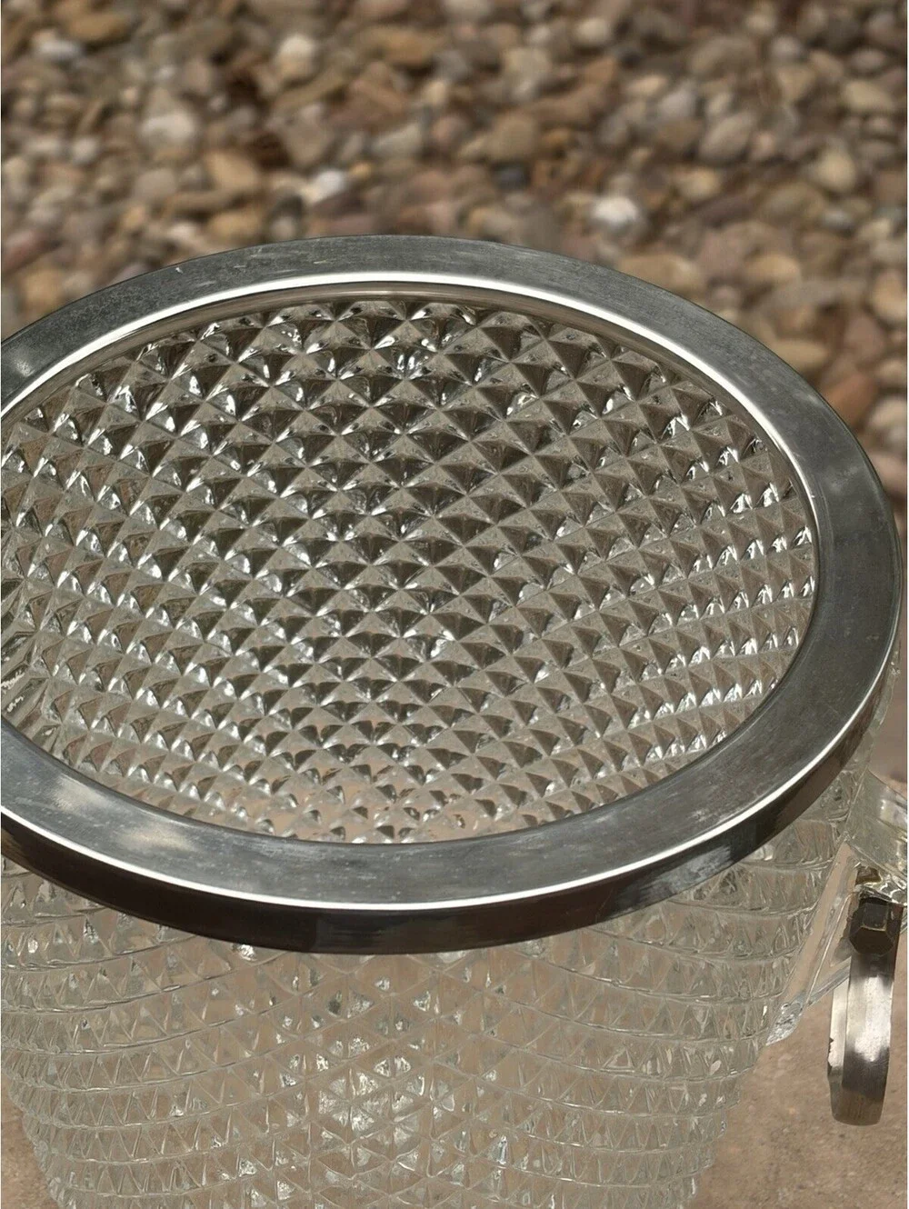 Vintage Diamond Cut Glass Bar Ice Bucket with Silver Plated Rim and Handles